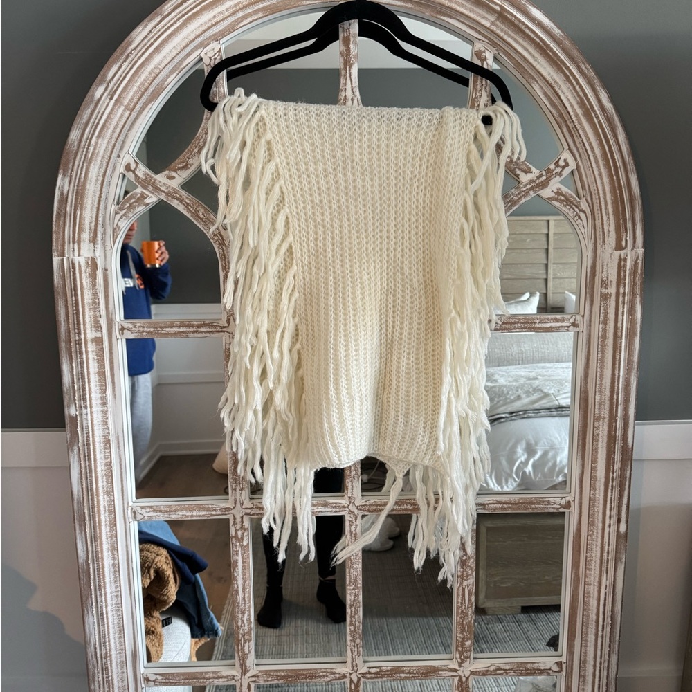 Cream Knitted Poncho with‎ Fringe and Waffle Knit Texture